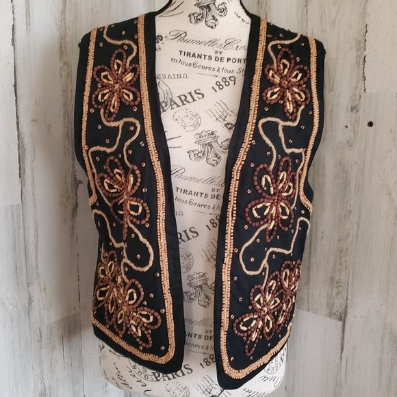 Casual Corner Jackets & Blazers - VINTAGE CASUAL CORNER WOOD BEAD and HEMP EMBELLISHED VEST